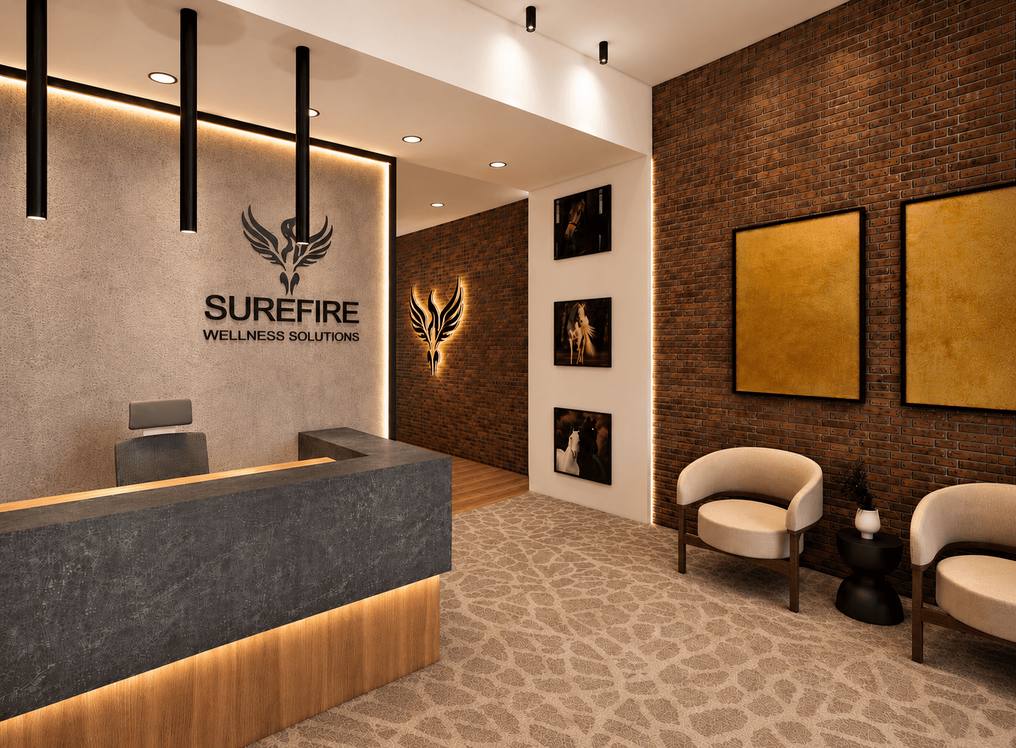 Interior lounge with coordinated finishes, furnishings, and environmental branding