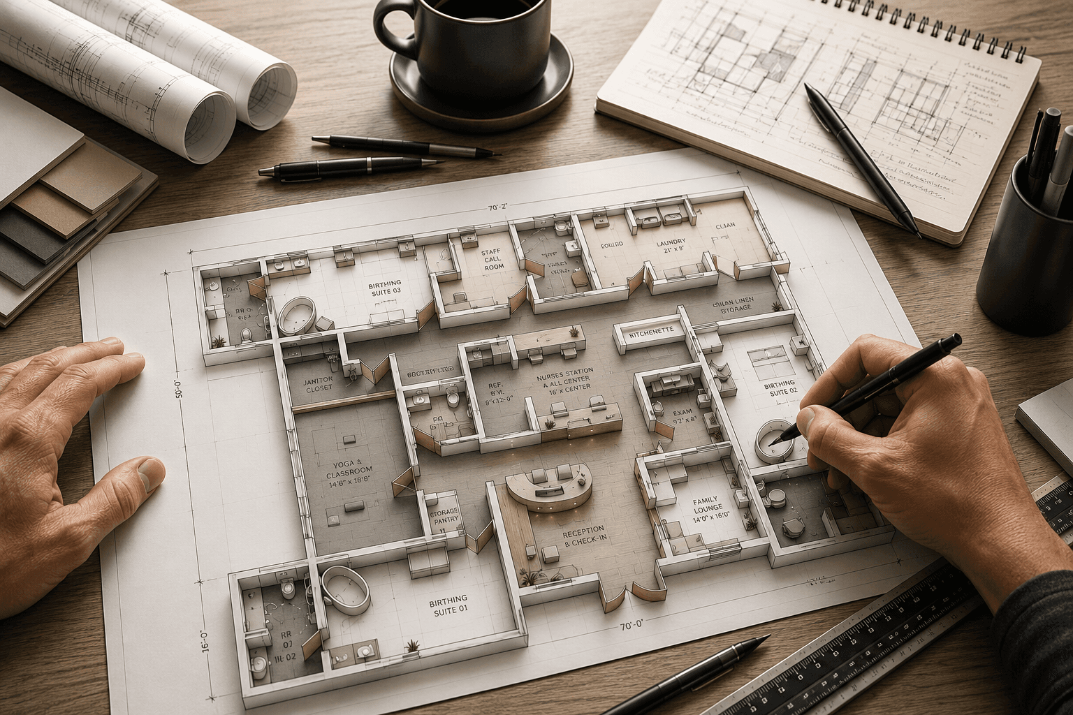 Physical test fit model and drawings on a desk for renovation planning