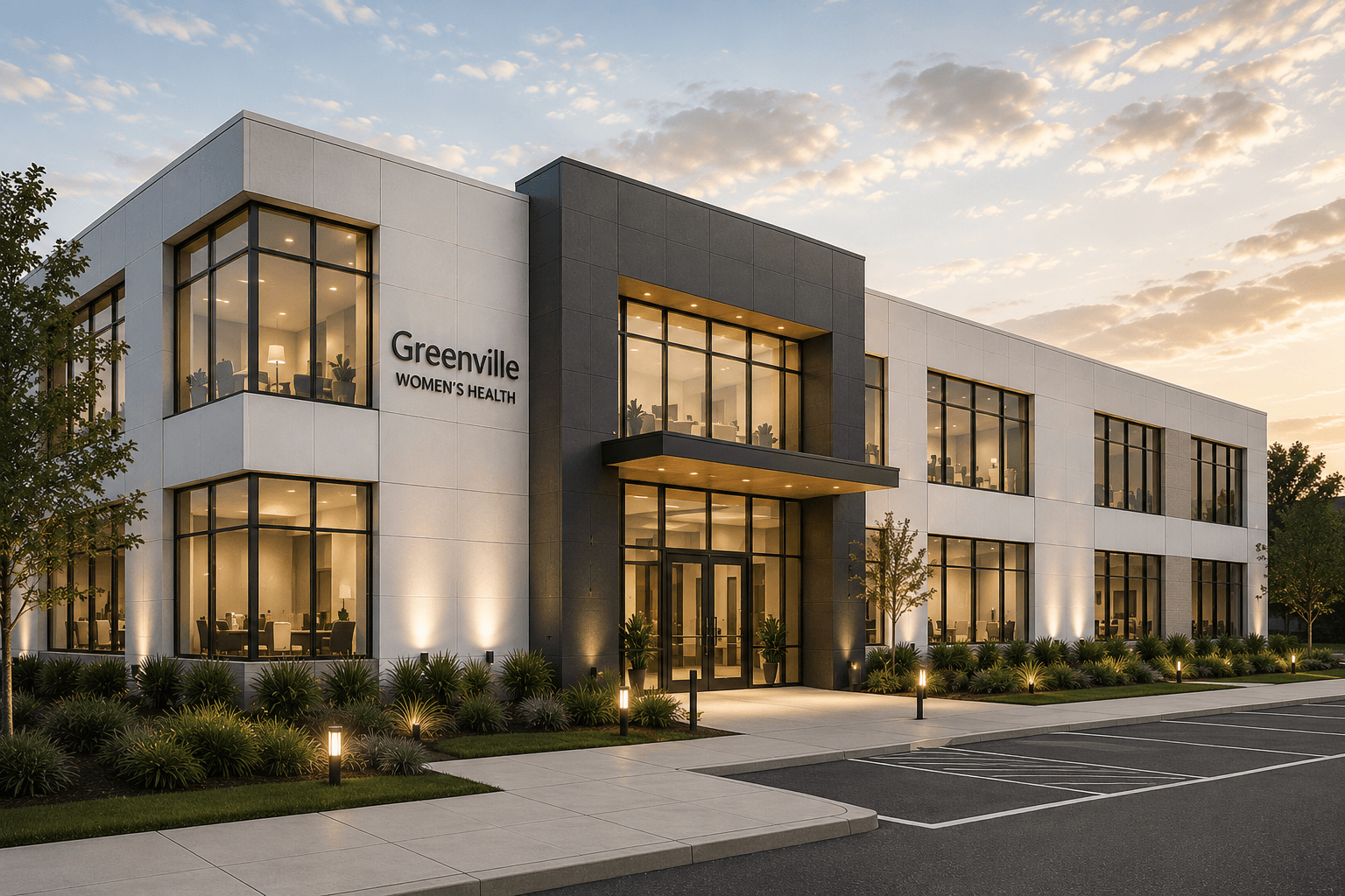 Preliminary massing study of a modern commercial medical building at dusk